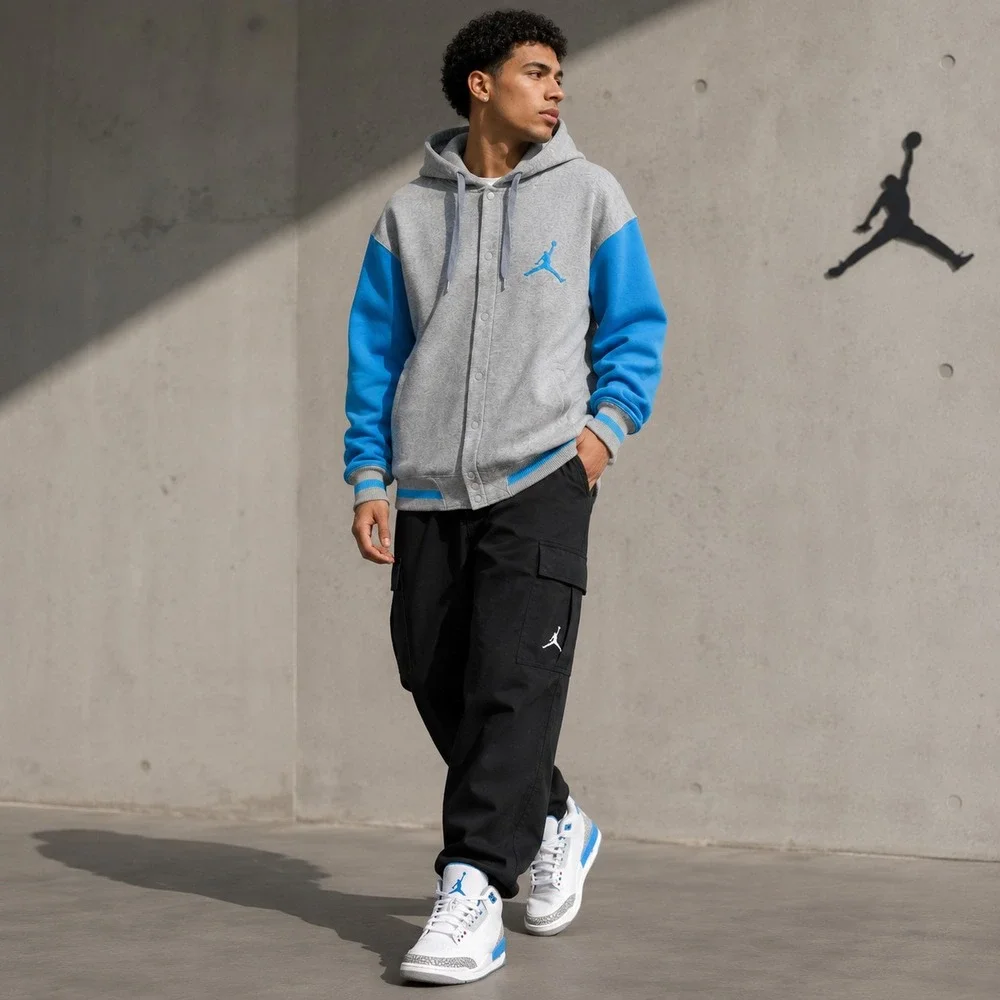 JORDAN Men's Jacket Jumpman XXL Gray Blue Colorblock Hooded Snap 451582-064